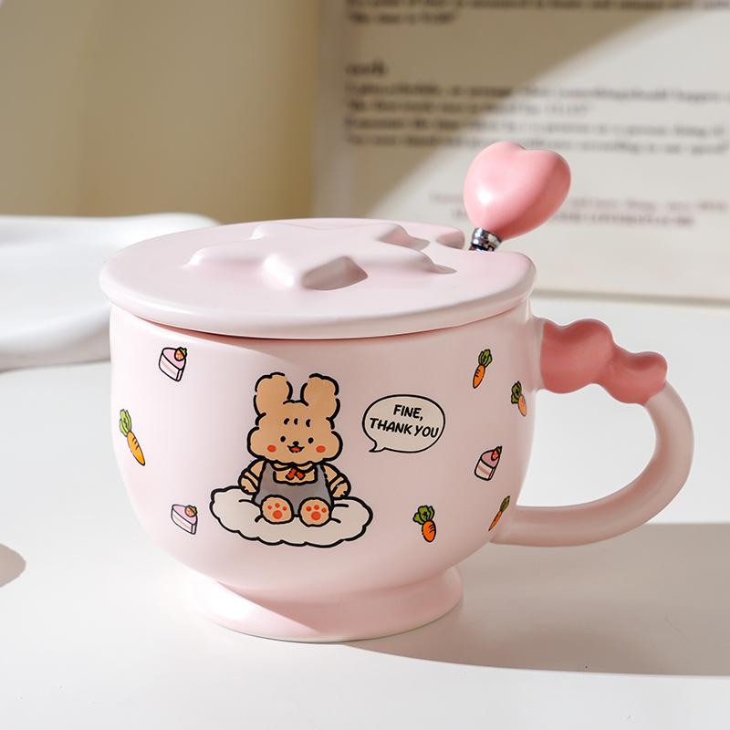 Cartoon Ceramic Cup With Cover, High-Value Household Couple Water Cup Gift Box, Small Gift Idea