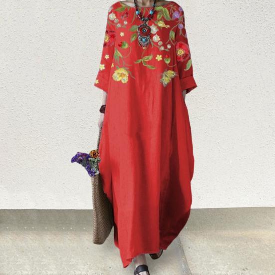 Women Long Dress Round Neck 45720 Sleeves Loose Floral Print Fashion Outfits