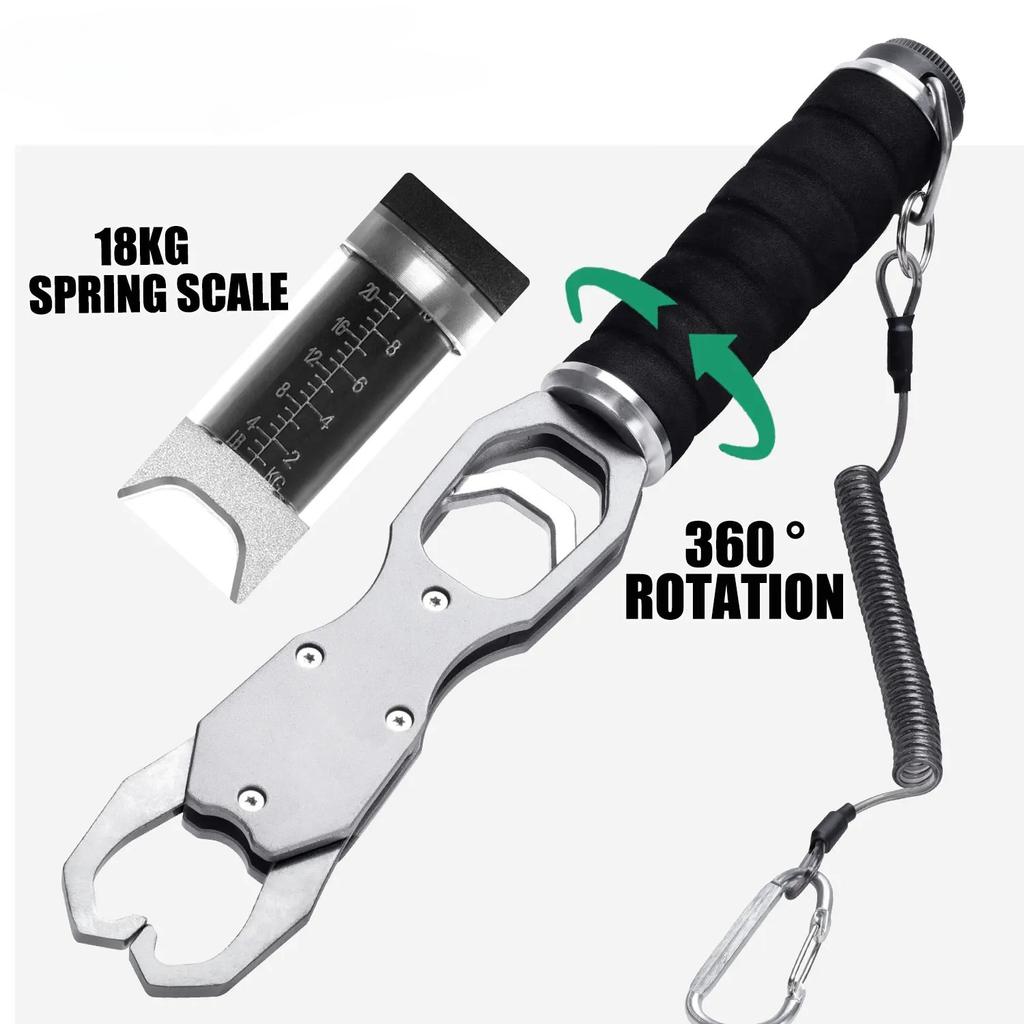 Nuovi Pinze Impugnatura Pesca in Lega di Alluminio Accessori Dispositivo di Controllo Pesci con Bilancia 18kg Bilancia a Molla Rotazione 360° Strumento di Presa Regolabile Acqua Salata