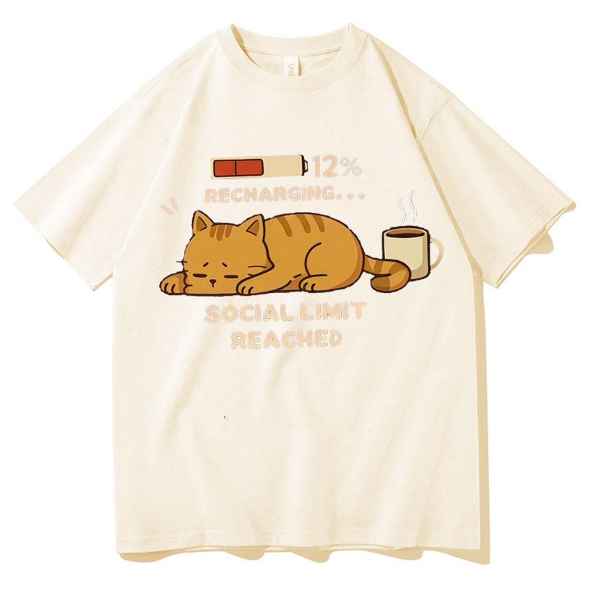 Recharging Social Limit Reached Funny Cat Meme Tee Shrits Classic Graphics Unisexs Women T Shirt Y2K Short Sleeve Streetwear Unisex S