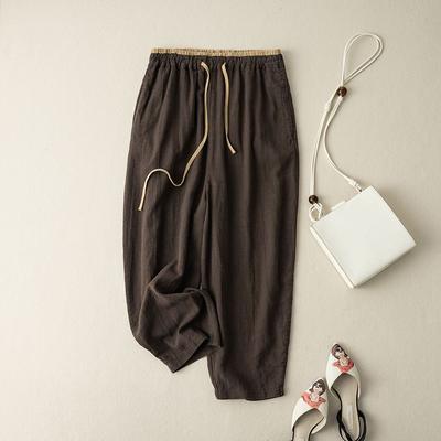 Pantalones Harem Sueltos de Algodón y Lino Retro Cintura Elástica con Cordón Pantalones Casuales Básicos Combinables Pantalones de Pierna Ancha Hasta el Tobillo