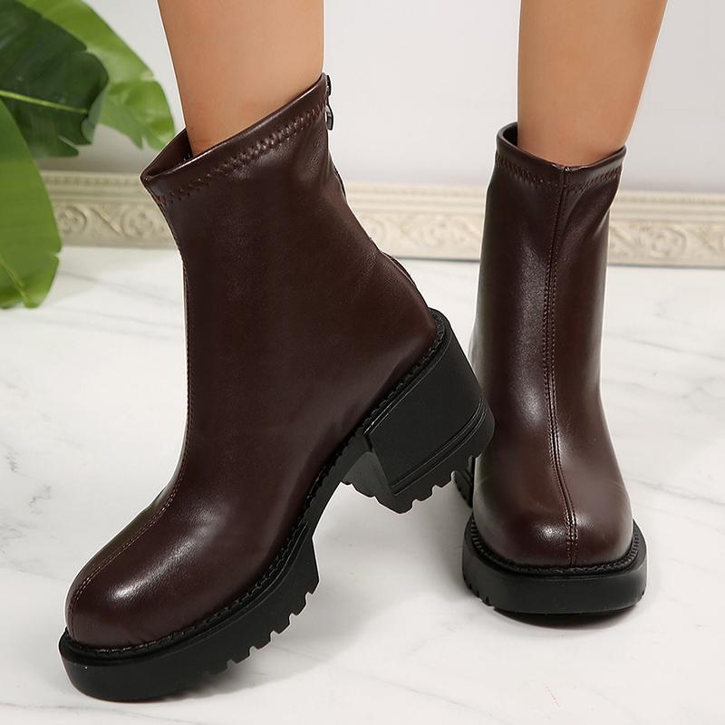 Fashion Fashion Thick Heels Ankle Boots Women 2025 Back Zipper Plus Size 35-42 Pu Leather Boots Woman Round Toe Platform Booties Mujer
