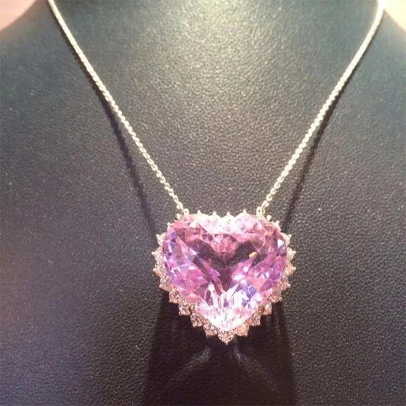Luxury Silver Color Chain Necklace Lady Fashion Big Pink Love Heart CZ Pendant Necklace Crystal  Girl Women