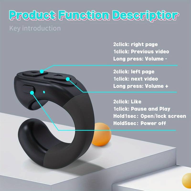 Tiktok BT Smart Scrolling Ring Remote Page Turner with Cell Phone Stands Wireless Camera Shutter Selfie Button - for iPhone iPad Android (Black)