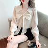 Fashion New 2024 Autumn Long Sleeve Bow Turn Down Collar Casual Apricot Chiffon Blouse Shirt Women Tops Blouses Shirts J540