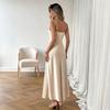 Women Satin Spaghetti Strap High Waist Solid Color Elegant Long A Line Dress