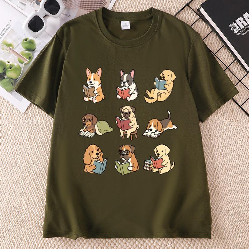 Funny Dog Reading TShirt Cute Dogs With Books Tee Dog Lover Funny Animal Graphic Tee Cotton Short Sleeve Round Neck Tees
