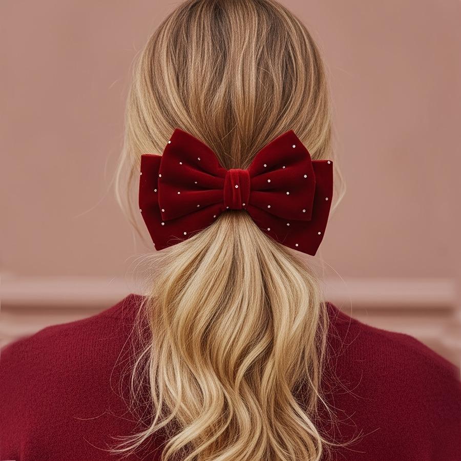 A New Vintage French-Style Wine Red Velvet Hair Tie Adorned with Starry Diamonds And a Bow