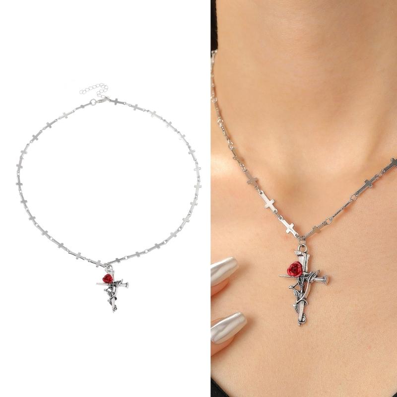 Alloy Rose Crucifix Pendant Necklace For Everyday Wear Religious Symbol Jewelry Gift With Adjustable Chain Design