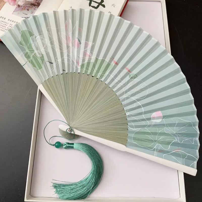 Ancient Chinese Style Small Dance Fan Summer Portable Hanfu Cheongsam Hand Held Fan Green Bamboo Ribs Single-Sided Folding Fan