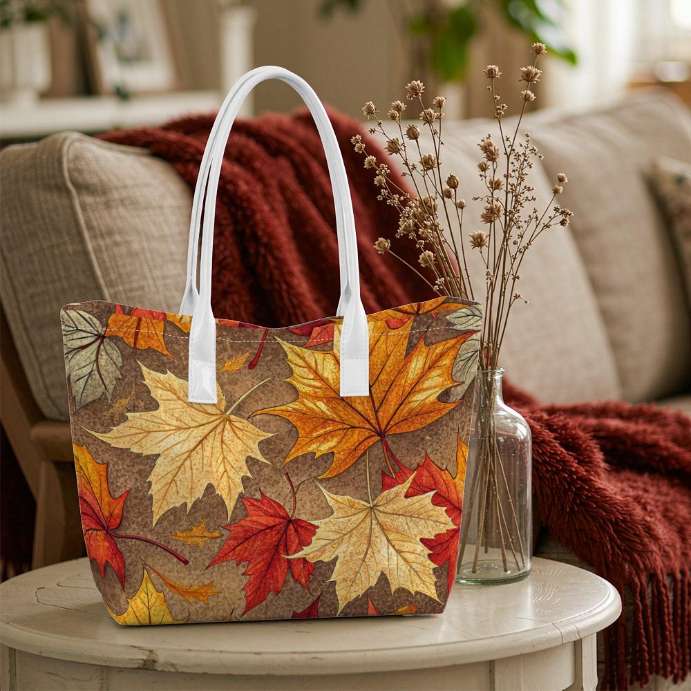 Autumn Maple Leaves Print Portable Tote Bag Daily Use Casual Handbag for Women