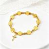 Gold Beaded Elastic Bracelet with Alloy Disc and Cross Pendant