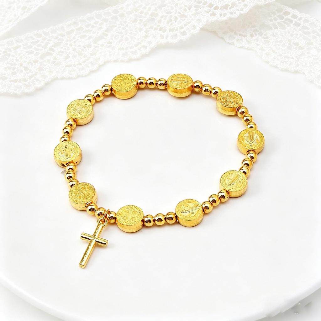 Gold Beaded Elastic Bracelet with Alloy Disc and Cross Pendant