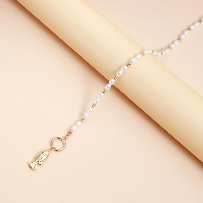 Collana Pendente Creativa a Forma di Pesce Impreziosita da Perle Finte e Perline con Chiusura OT Catena per la Clavicola per Vari Abbigliamenti