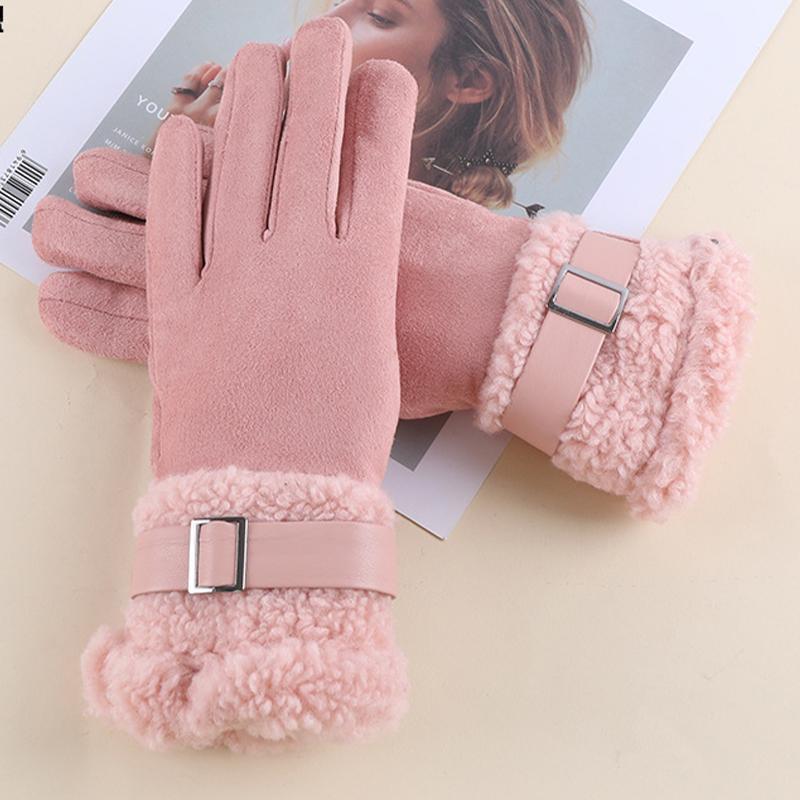 Plush Cuff Metal Buckle Suede Gloves Solid Color Thickened Warm Gloves Women's Stylish Versatile Cold-proof Gloves