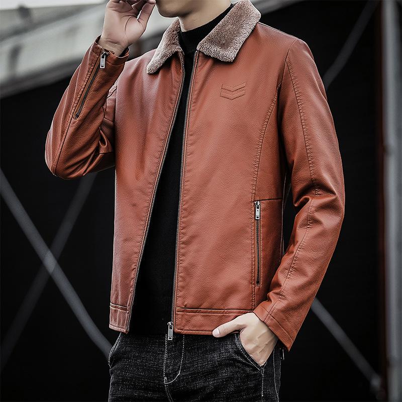Men's Leather Jacket Plus Velvet Winter New Men's Pu Leather Jacket Lapel Middle-aged Men's Dad Wear Thickened