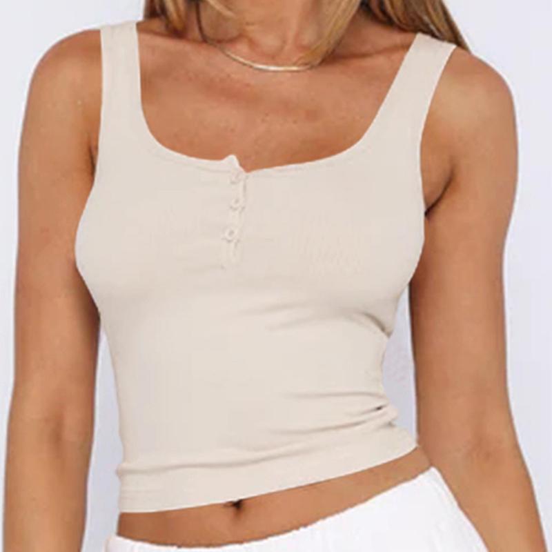 Y2K Women Summer Strap Button Square Collar Solid Color Causal Slim Fit Vest Crop Top