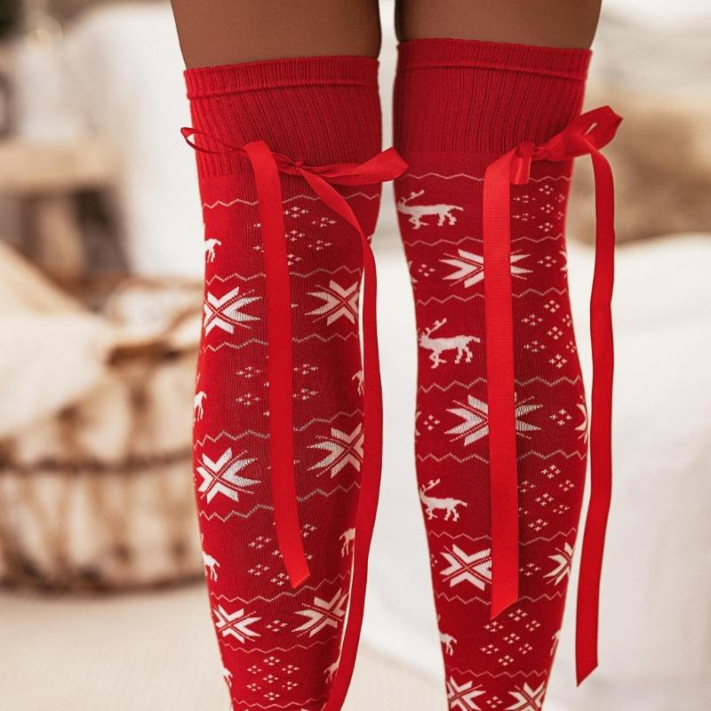 Women Christmas Snowflake Knitted Thigh High Stockings with Ribbon Bows Festival Over Knee Long Boot Socks Leg Warmers