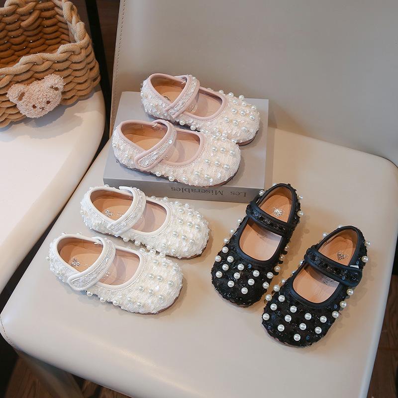 Girls Dance Shoes Elegant Round Toes Kids Flat Shoes Non-slip Soft Sole 2025 New Girls Princess Shoes with Sweet Pearl Ins Trend