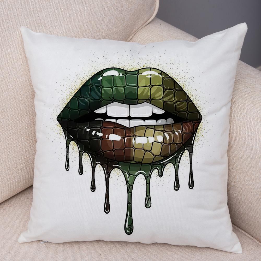 Bold Lip Art Pillowcase Double Print Leopard Pattern Cushion Cover Soft Plush Vibrant Design Pillow Case for Sofa Home Car