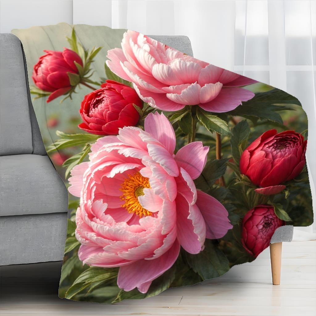 Morbida Coperta con Peonie Rosa e Rosse: Vibrante Motivo Floreale Romantico Elegante Accogliente Arredamento per la Casa