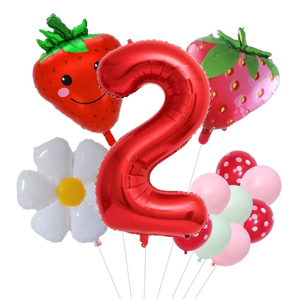 12pcs/set Strawberry Daisy Flower Balloons 32inch Red Number Balloon for Berry First Birthday Girls Sweet Fruit Party Decoration