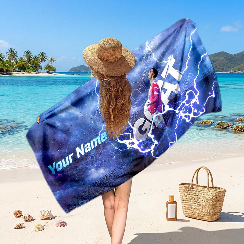 Cristiano Ronaldo Custom Beach Towel, Personalized Name Text Print, Football Logo Soft Quick‑Dry Towel Holiday Gift
