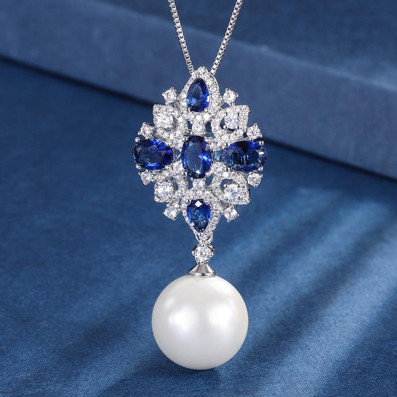 Eingelegter weißer Rhombus oval blauer Diamant Zirkon Perlen Anhänger Halskette einfache Retro personalisierte Halskette