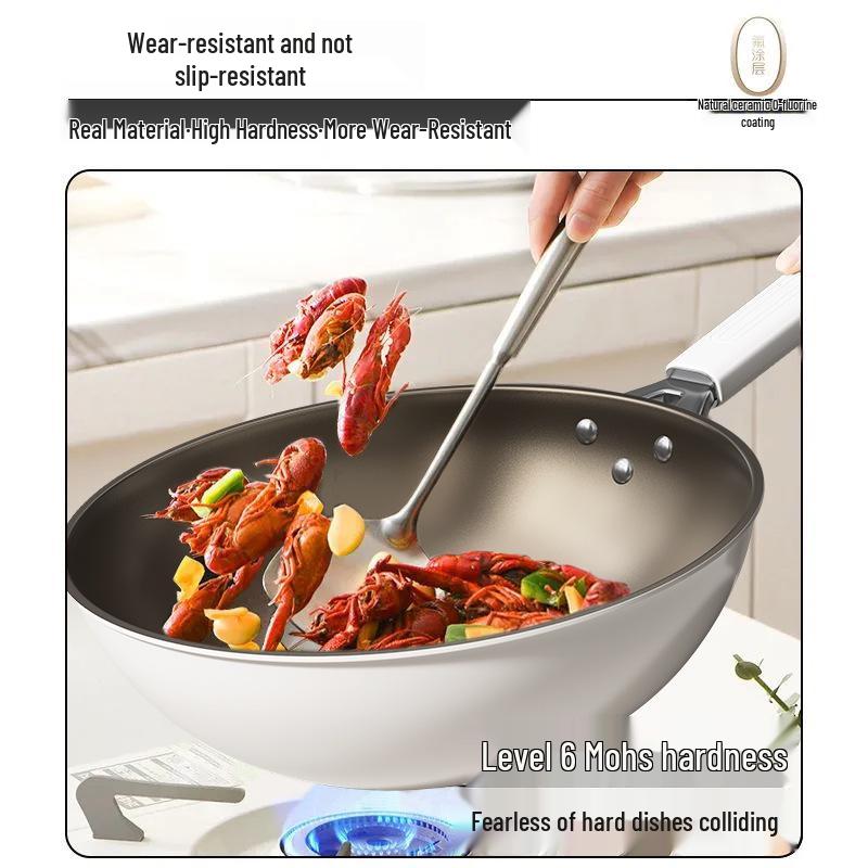 Titanium Ceramic Flat-Bottomed Non-Stick Stir-Fry Pan, Milk White, Wear-Resistant and Scratch-Resistant for Kitchen Use