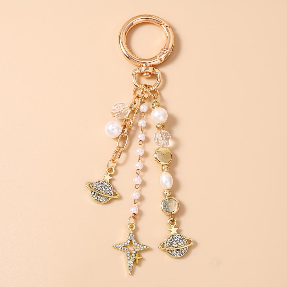 New Rhinestones Star Keychain Pearl Beaded Key Ring Pendants for Women Girls Handbag Decor DIY Handmade Jewelry Gifts