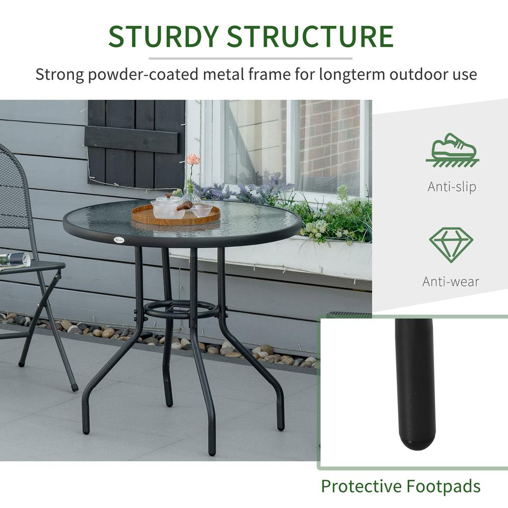 80 cm Round Dining Table with Parasol Hole, Outdoor Coffee End Side Table with Tempered Glass Top, Steel Frame for Garden, Black