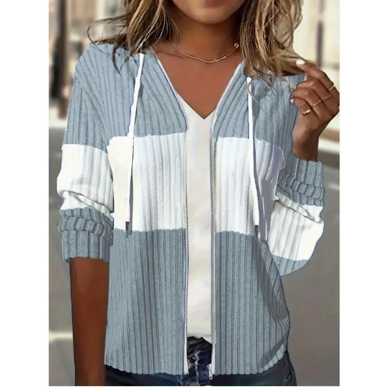 Women Rib Knit Zipper Drawstring Hooded Long Sleeve Casual Sweatshirt