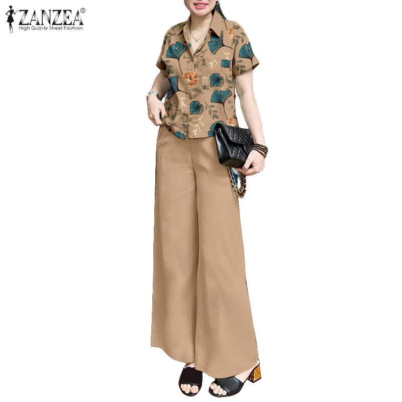 ZANZEA Women Floral Short Sleeve Shirt and Pants Summer Two Piece Suit Sets