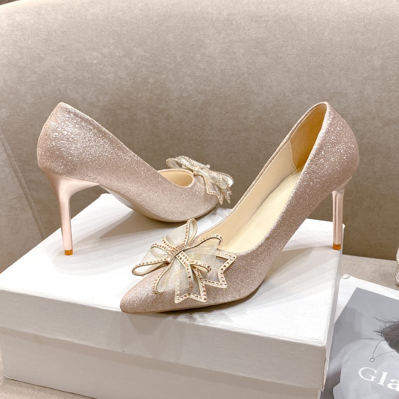 High heels women's autumn bow thin heel 2025 new rhinestone wedding shoes French pointed head shallow mouth temperament single shoes
