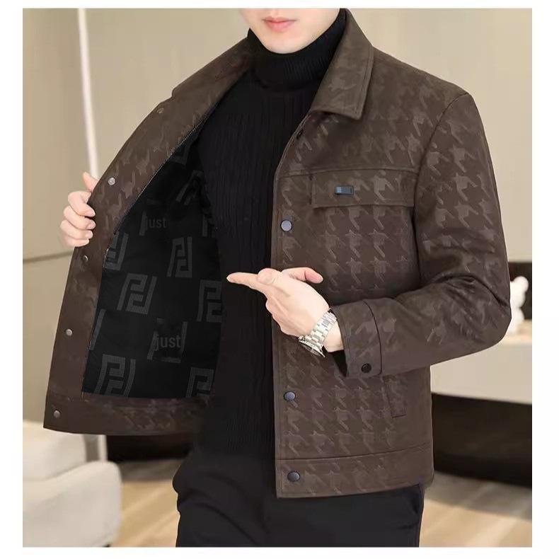 

Мужская модная кожаная куртка с короткими лацканами в ломаную клетку для осени и зимы Thin 4XL коричневый