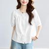 Apricot Embroidered Short Sleeve Summer Top for Women Round Neck Mature Cotton Shirt New
