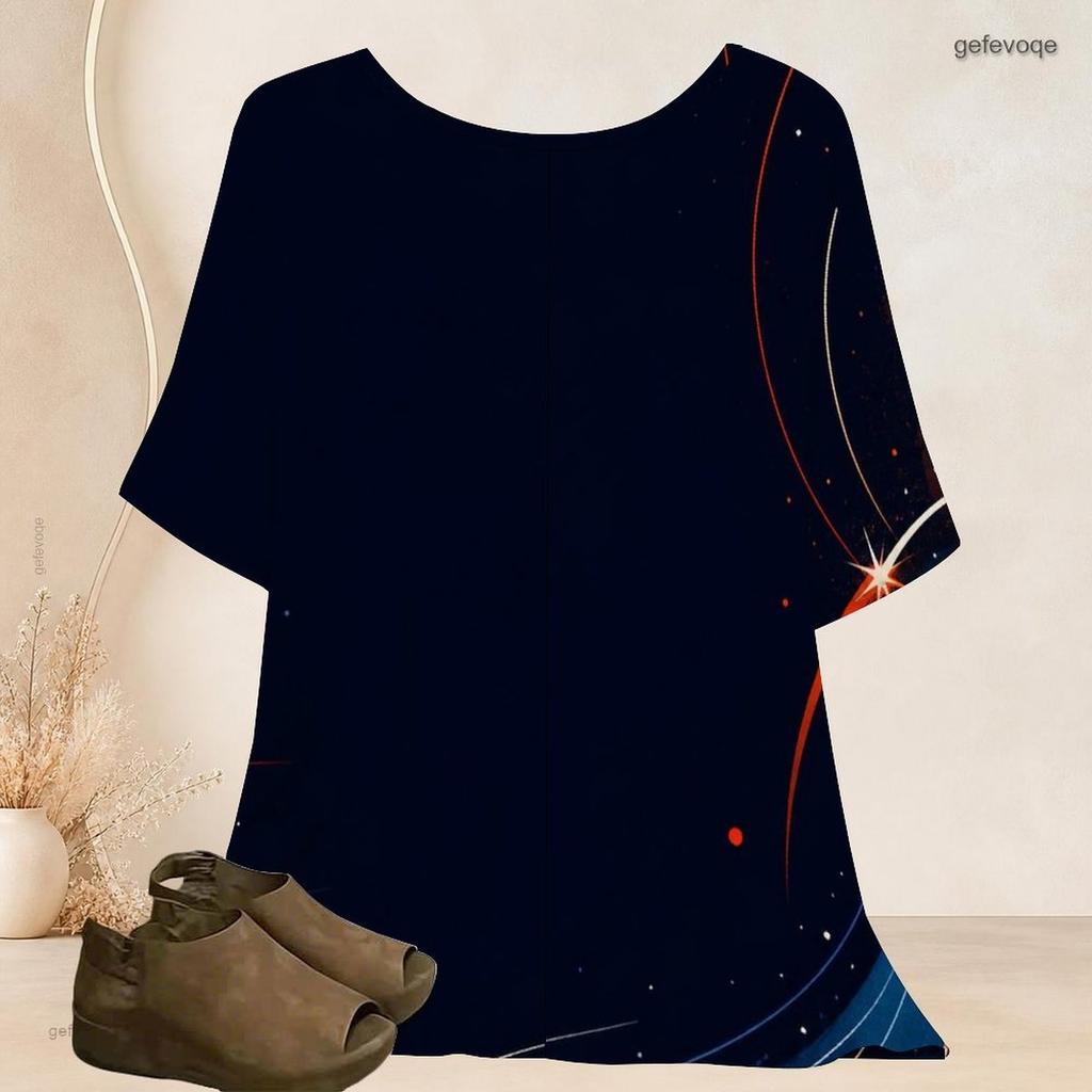 Women Plus Size Round Neck Batwing Short Sleeve Top Star Planet Cosmic Wave Print Loose Casual Tunic Blouse