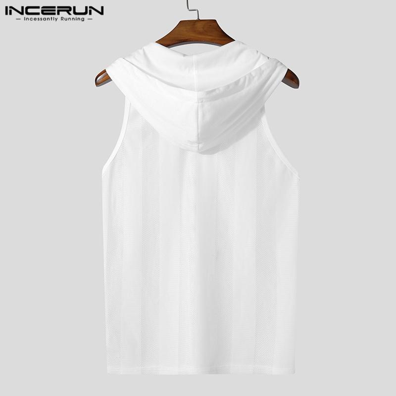 INCERUN Men Sleeveless Striped Transparent Mesh Sheer Hooded Tank Tops