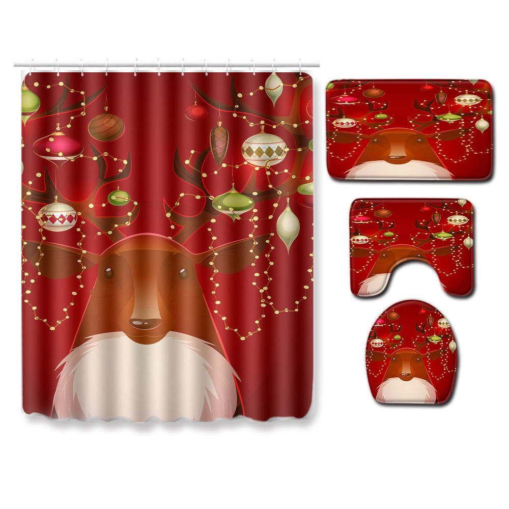 Christmas Shower Curtain Floor Mat Combination Four-Piece Set Bathroom Toilet Carpet Shower Room Mat Foot Mat