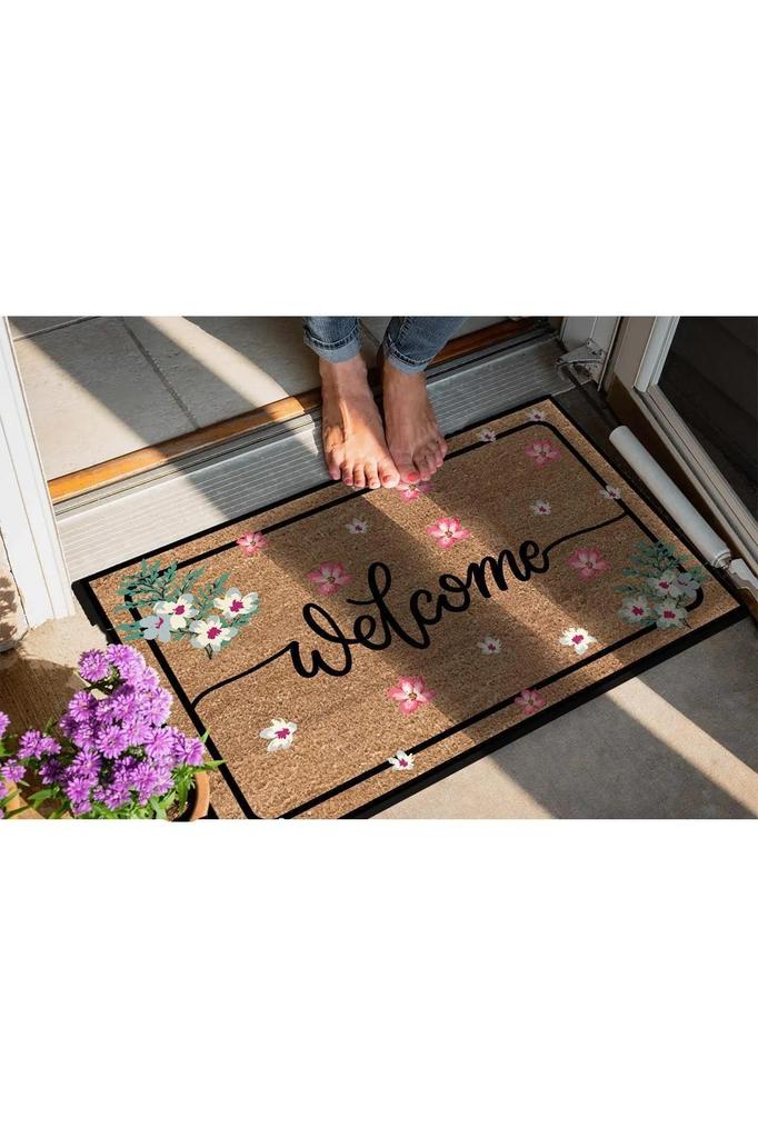 Dekoratif Kapı Önü Paspası Welcome Pembe Çiçek