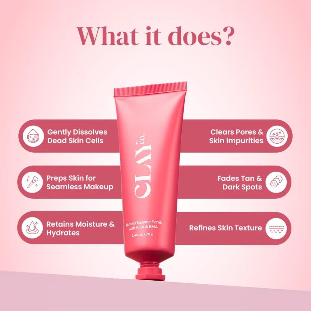 ClayCo Matcha Enzyme Scrub with AHA + BHA | Gentle Exfoliation | Deep Pore Cleanse & Brightening | 70 g