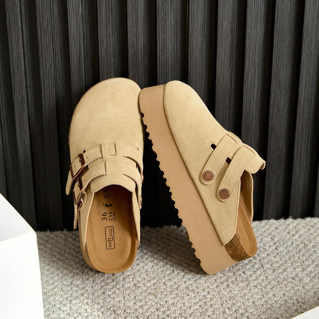Leather half slippers thick-soled Boken shoes add 6CM women's shoes in summer new short shoes bag head Boken shoes women