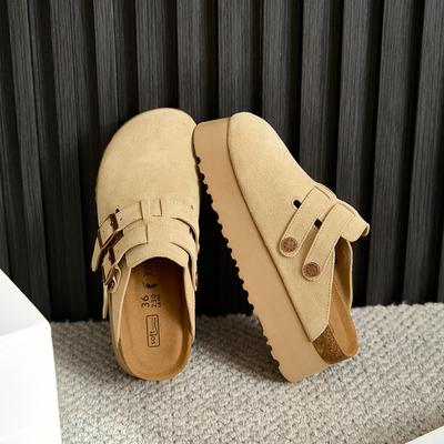 Leather Half Slippers Thick-soled Boken Shoes Add 6CM Women's Shoes In Summer New Short Shoes Bag Head Boken Shoes Women