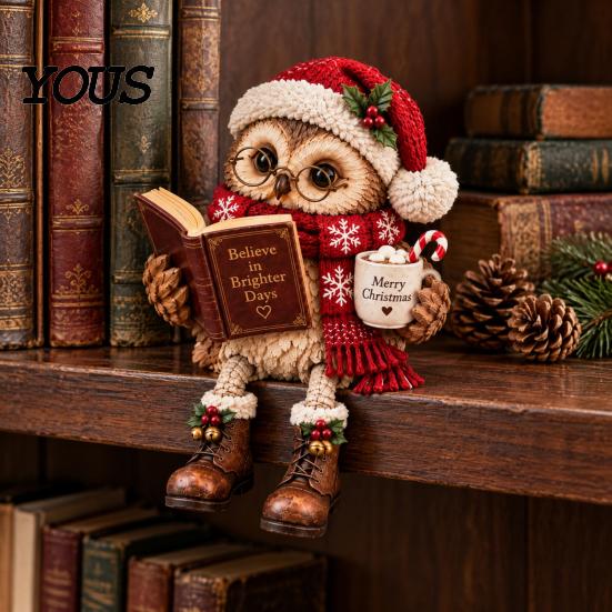 Owl Figurines for Bookshelf 2Pcs Reading Resin Figurines, Sitting Edge Statue with Glasses Cute Animal Statues Mantel & Book, Vintage Rustic