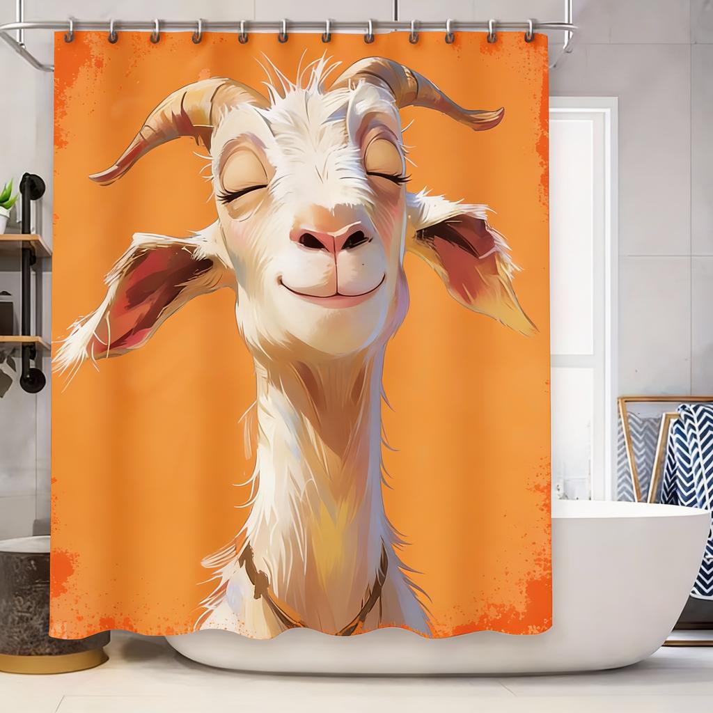Goat Pattern Waterproof Mold-Proof Shower Curtain Creative Bathroom Curtain Unique Design Stylish Home Decor Complimentary Hook