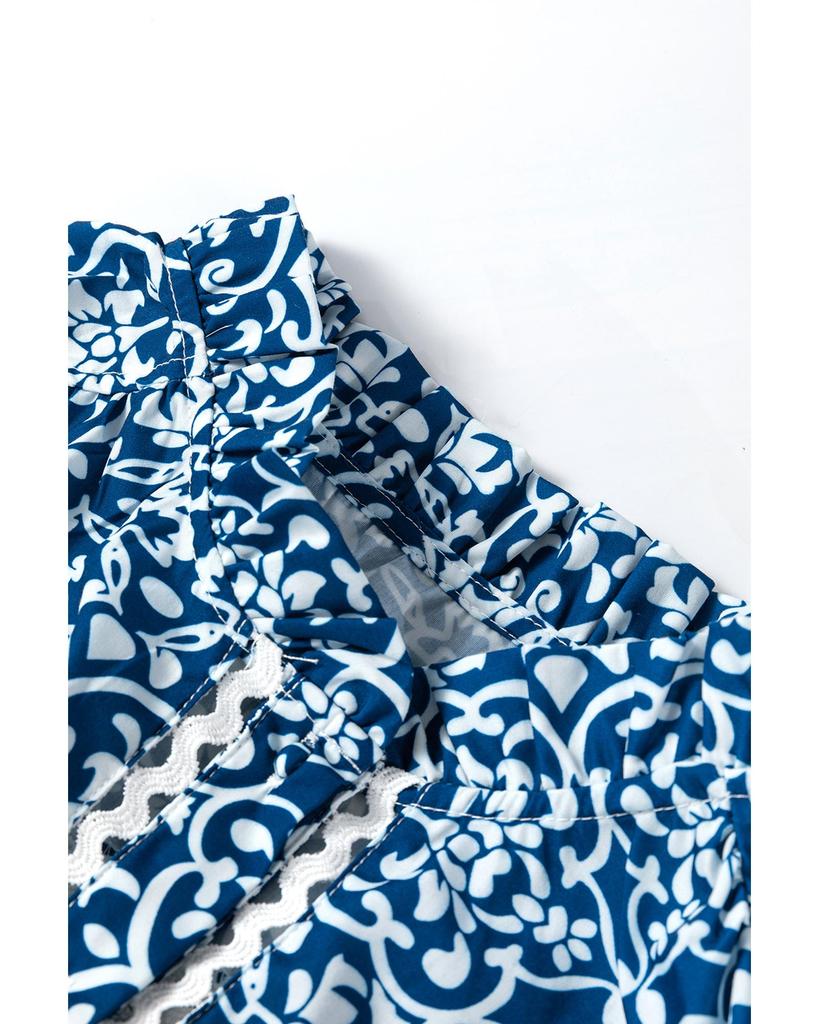 Azura Exchange Blue Floral Ric-rac Patchwork Button Loose Fit Shirt