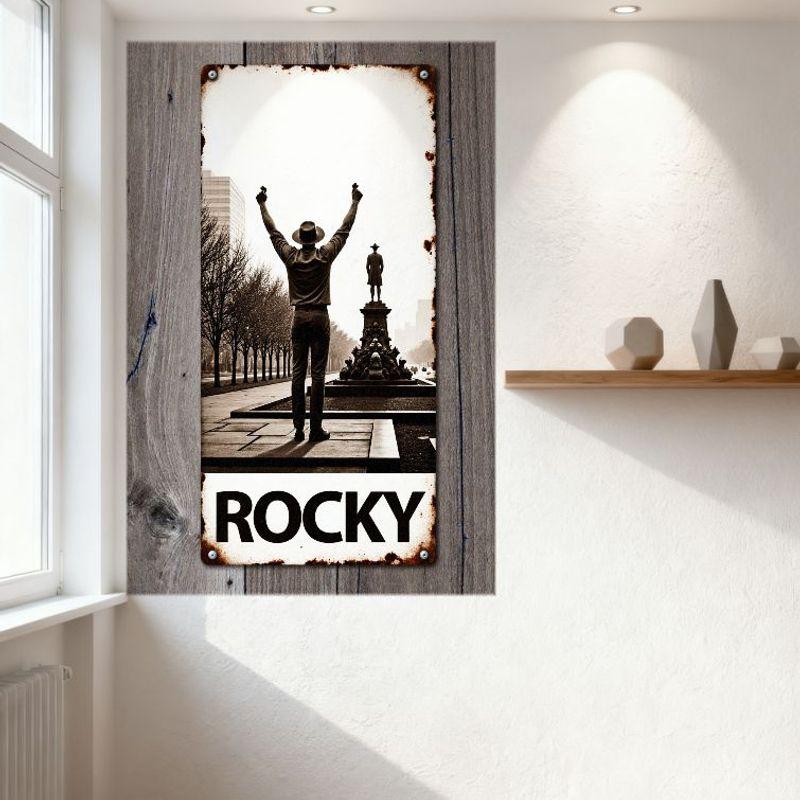 Vintage Metal Tin Sign Rocky Statue Man Cave Bar Home Decor Rustic Weathered Rusted Frame Urban Background Black & White Photo W