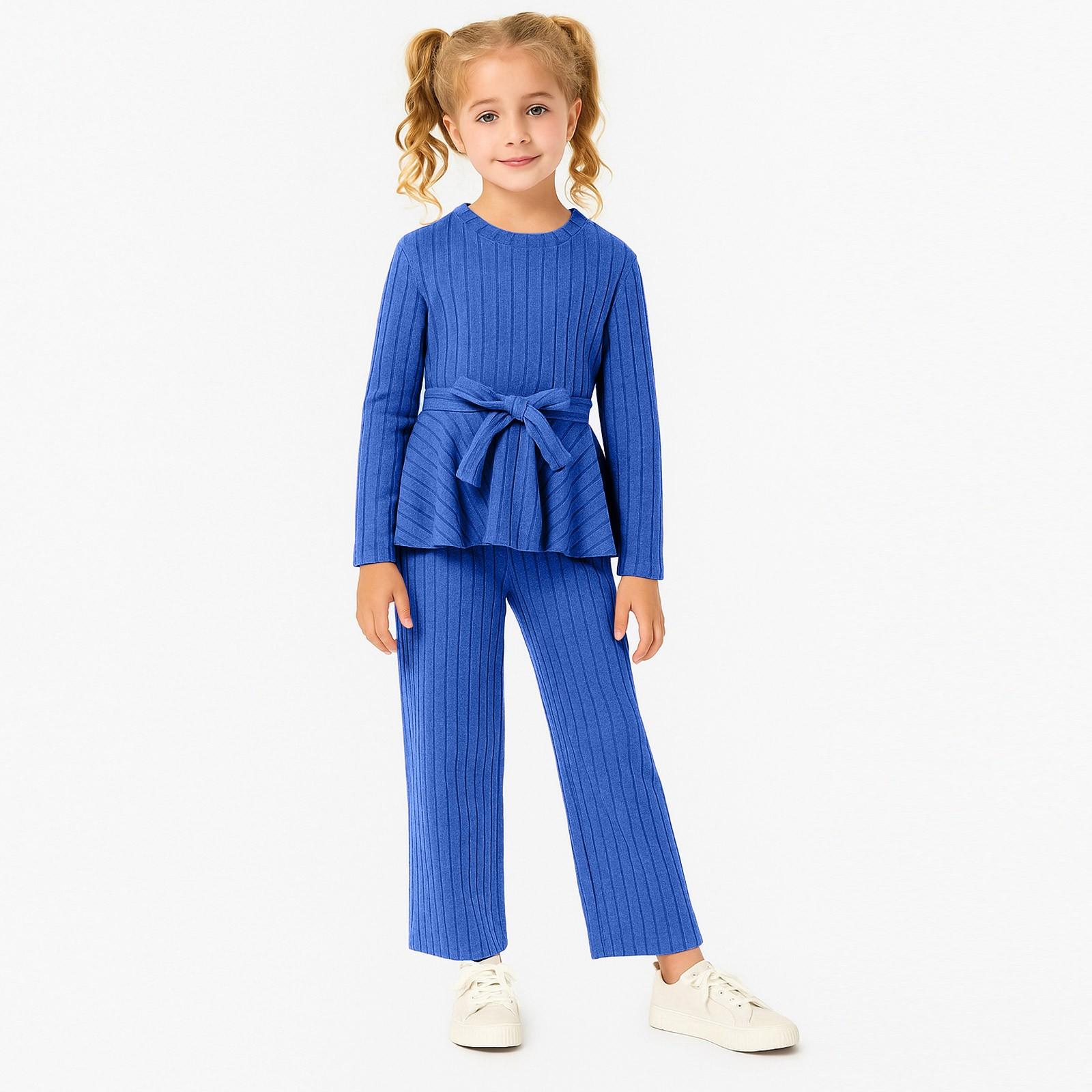 

Полосатый вязаный комплект для девочек - Топ с длинным рукавом и прямые брюки с широкими штанинами 10 синий