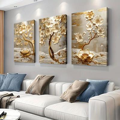 3-piece Modern Minimalist Gold Floral Relief Frameless Canvas Decoration Painting Living Room Foyer Bedroom Sofa Background Wall