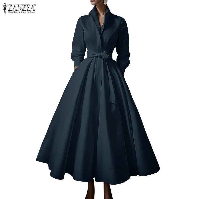 ZANZEA Women Casual Turn Down Collar Long Sleeve Long Dress